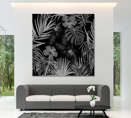 Abstract Monstera Flowers Tropical Jungle Leaves Palm Tree B & W