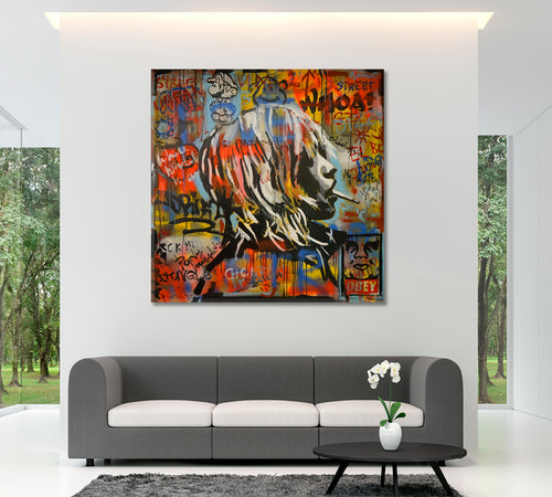 ABSTRACT Expressionism Colorful Woman Face Grunge Banksy Style | Square