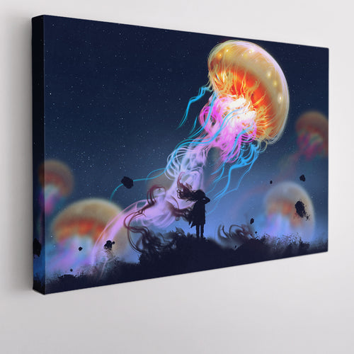 Giant Jellyfish Floating in Sky And Girl Surreal Painting