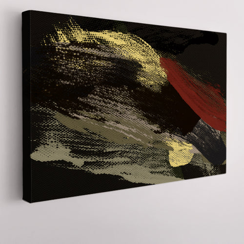 Red Yellow Khaki Brush Strokes Of Fat Paint On Black Modern Art