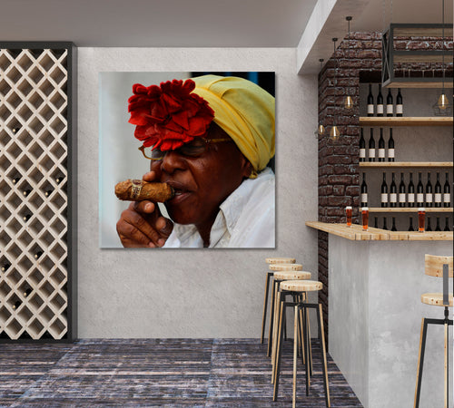 HAVANA Cuban African American Woman Cigar Smoking Head Scarf | Canvas Print - Square Panel