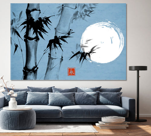 ZEN ETERNITY Bamboo Moon Traditional Japanese Sumi-e Ink Blue