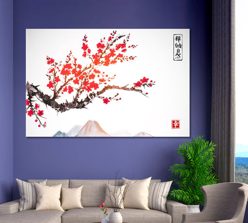 Oriental Style Mountains Sakura Japanese Cherry Bloom Trees