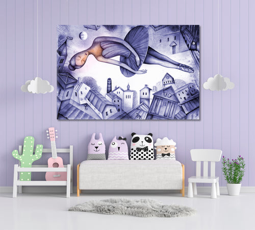 FANTASY Beautiful Ballerina Soars in a Dream Above the City, Cubist Style Canvas Print