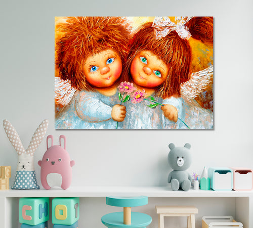 Two Cute Little Girls Angels with Shaggy Red Hair Fine Art Canvas Print