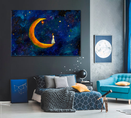 Girl on Big Moon Space Fabulous World Modern Art Impressionism Abstract Landscape Canvas Print