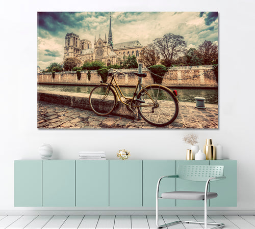 Retro Bicycle Notre Dame Old Cathedral Paris France Seine River