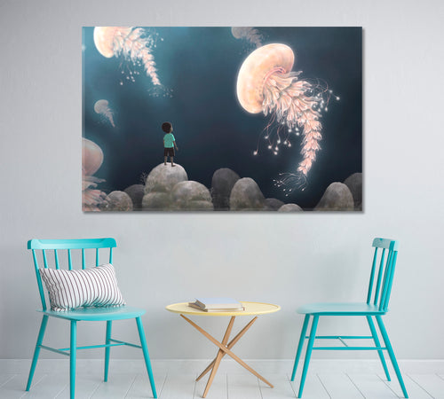 Fantasy Landscape Boy Giant Jellyfish Imaginary Surreal Painting