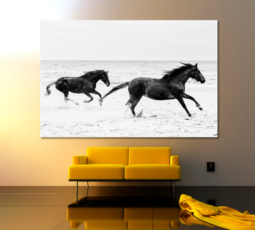 Horses Gallop Running on the Seashore Freedom Wildness Black and White