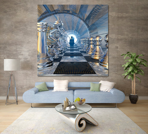 FANTASY Surreal Silent Watcher on the Chessboard Canvas Print - Square Panel