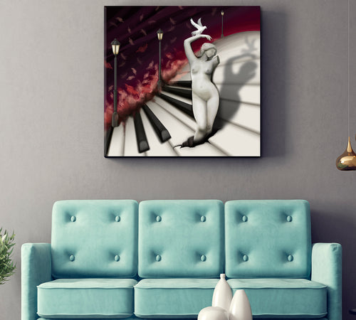 Woman Sculpture and Bird in Fantasy Piano World Abstract Artwork