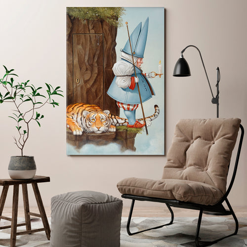 SECRET DOOR Gnome With Candle & Tiger Surrealistic Painting