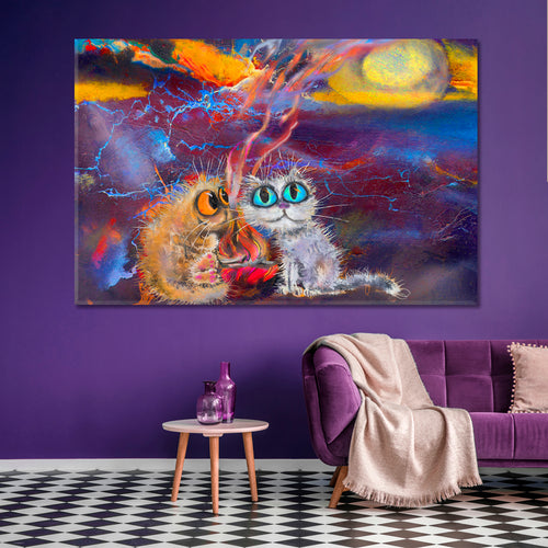Two Kitten By the Fire Funny Cats Big Eyes Whimsical Animals Canvas Print
