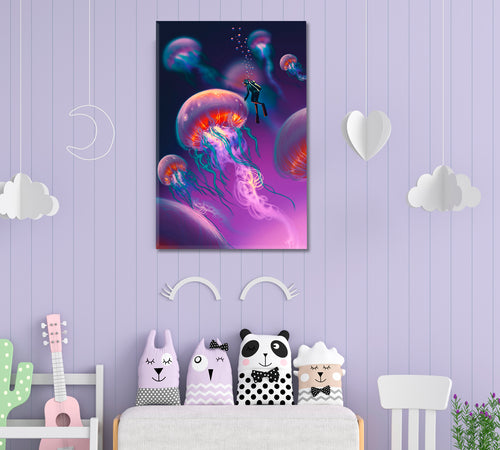 Large Jellyfish and Divers Purple Imagination Underwater