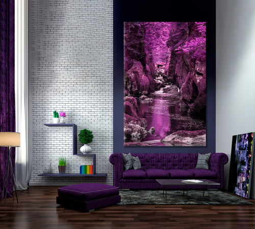 Beautiful Ethereal Landscape Deep-sided Gorge Rock Walls Stream Flowing Surreal Purple Foliage - Vertical