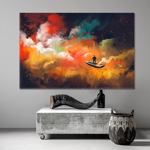 Surreal Dreamlike Man on Boat Outer Space Colorful Clouds
