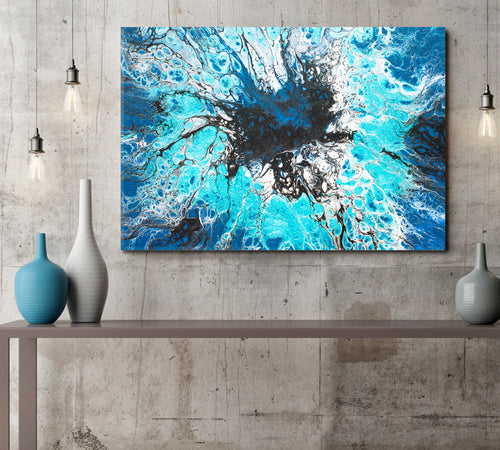 Vibrant Blue Turquoise Black Stains Abstract Geode Resin Painting