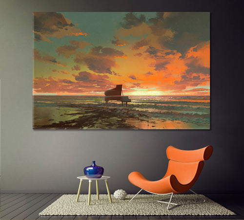 SURREAL DREAMLIKE Piano On The Beach Unreal Sunset Artistic Artwork