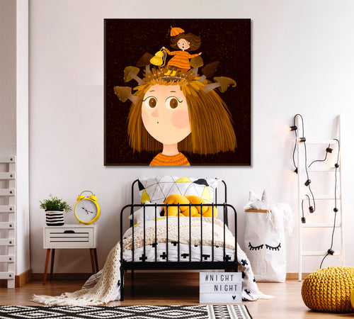 THOUGHTS Getting Into Big Head Surreal Kids Fairy Nursery Art Canvas Print | Square Panel
