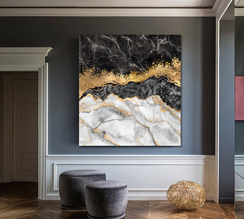 Black & Gold Abstract Marble Effect Canvas Print - Square