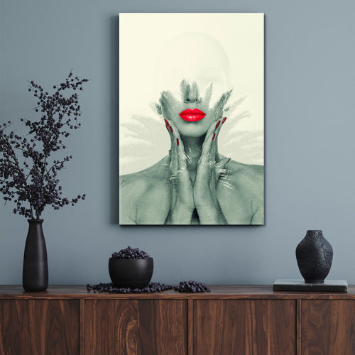 MODERN ABSTRACT ART Beautiful Woman Red Lips Tropical Palms