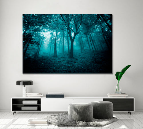 Mystic Turquoise Foggy Fairy Tale Forest Trees Landscape
