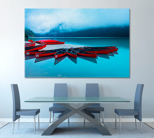 Red Canoes Turquoise Crystal Water Alberta Canada Foggy Lake Louise