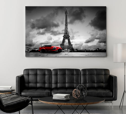 Eiffel Tower Paris France Red Retro Car Black and White Vintage Artistic