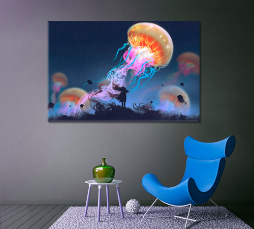 Giant Jellyfish Floating in Sky And Girl Surreal Painting