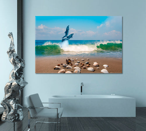 DOLPHINS | Dolphins Group Jumping Sea Wave Beautiful Seascape Blue Sky Canvas Print