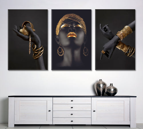 Black Woman Hand Gold High Fashion Art Luxury SET 3 Vertical Panels