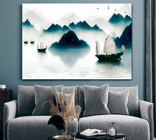 Mountains Sailboat Horizon Traditional Chinese Ink Landscape