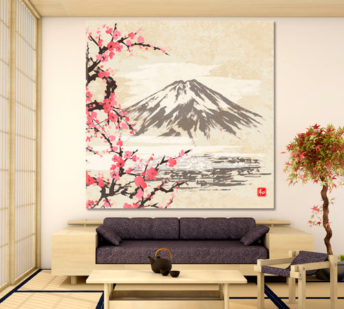 HARMONY Mountain Fuji Sakura Japanese Cherry Blossom Trees Style Oriental Canvas Print - Square