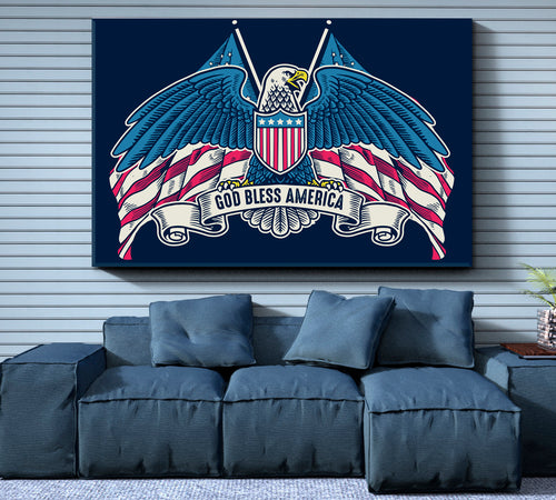 GOD BLESS AMERICA Eagle Wings American Flag Vintage Style Poster