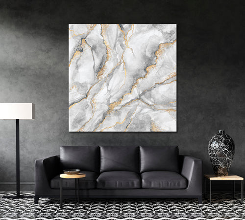 Gray & Gold Abstract Marble Canvas Print - Square