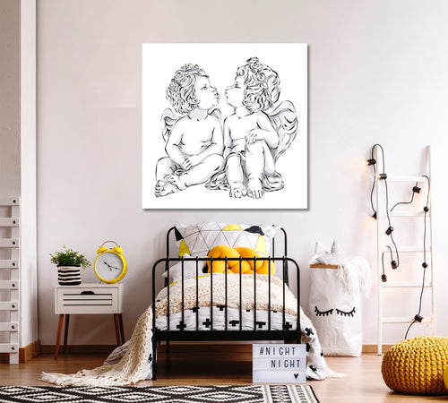 Two Little Angels Cupid Black & White Art Poster Canvas Print | Square Panel