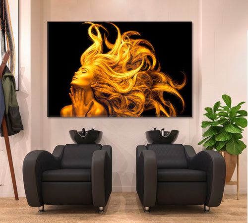 ART PORTRAIT Gold Beautiful Women Fluttering Hair Hairstyle