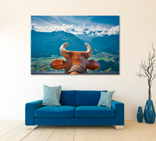 Cow Horns And Switzerland Mountain Landscape Poster