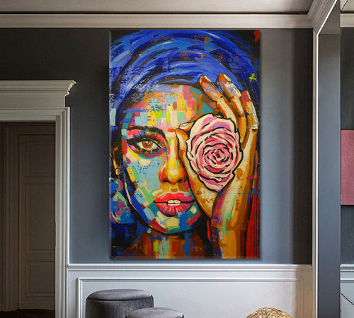 Beautiful Girl With Rose Colorful Canvas Print - Vertical