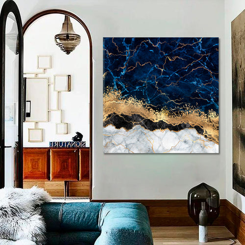 Navy Blue And Gold Abstract Marbling Natural Stone Luxury Style Canvas Print - Square