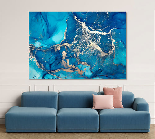 Modern Fluid Art Marble Alcohol Ink Sky Blue Art Design