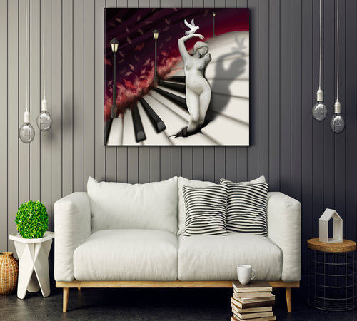 Woman Sculpture and Bird in Fantasy Piano World Abstract Artwork