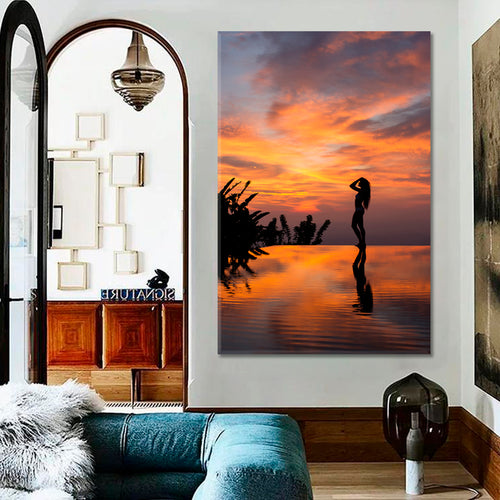 INFINITY EDGE Landscape Luxury Beach Pool Silhouette Woman at Sunset - Vertical