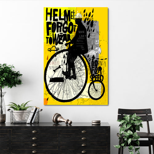 Man Riding Old Retro Bicycle Graffiti Style Yellow Poster