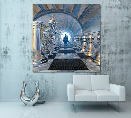 FANTASY Surreal Silent Watcher on the Chessboard Canvas Print - Square Panel