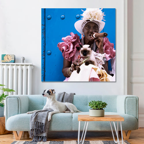OLD HAVANA Cuban Woman with Cigar Canvas Print - Square Panel