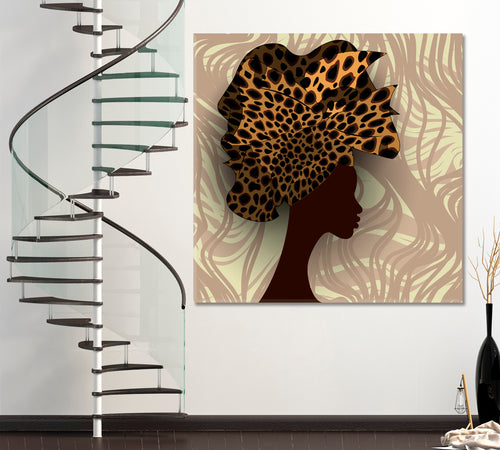 African Woman Portrait Soft Beige Tones Jungle Afro Safari Tropical Pattern