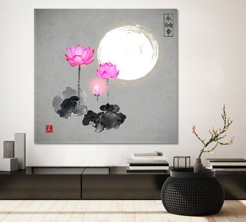 ZEN Pink Lotus Moon Feng Shui Shan Shui Style Japanese Ink | Square