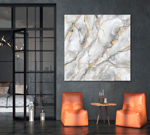 Gray & Gold Abstract Marble Canvas Print - Square