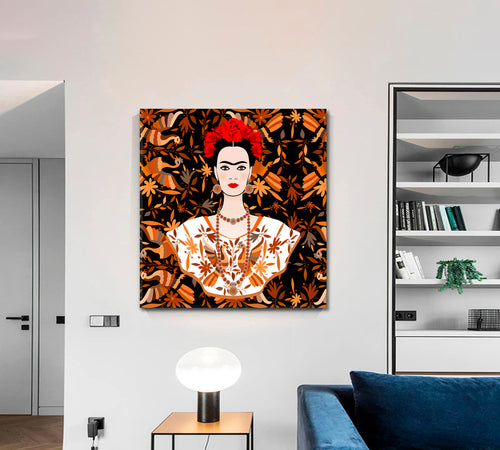 FRIDA KAHLO  Abstract Art Frida Ethnic Mexican Tapestry Flowers Peacocks - Square Panel